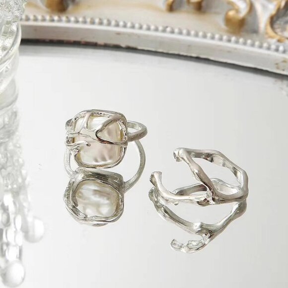 2pc Cresent Moon and Beautiful Faux Opal Accent, Adjustable Ring Set - Picture 2 of 5